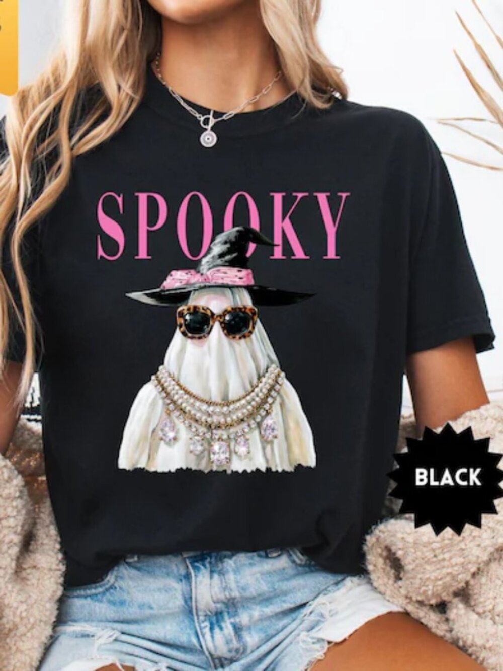 Witch Hat Ghost T-Shirt, Trendy Halloween Graphic Tee, Spooky Season Women T-301